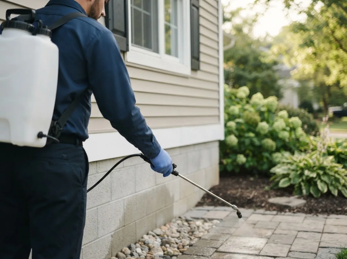 Pest control technician inspecting a home in Bismarck, IL